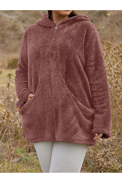 ModaSehle Women's Large Size Long Sleeve Pocket Hooded Zippered Plush Cardigan Jacket