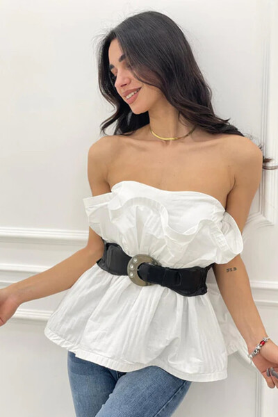 FashionForYou Ρους crop top, με πλισέ όψη και ζώνη, λευκό