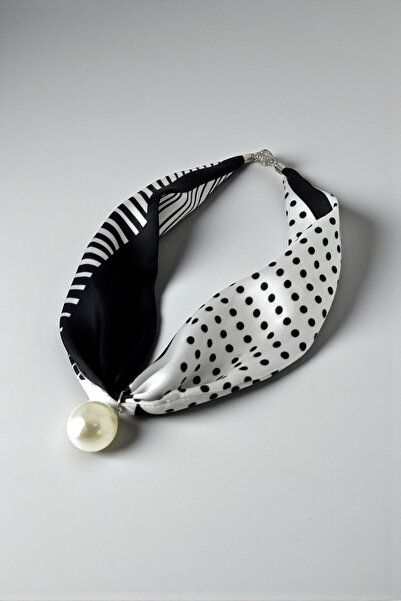 Trend aksesuar İncili Parlak Desenli Saten Kumaş Gümüş Detaylı Fular Kolye