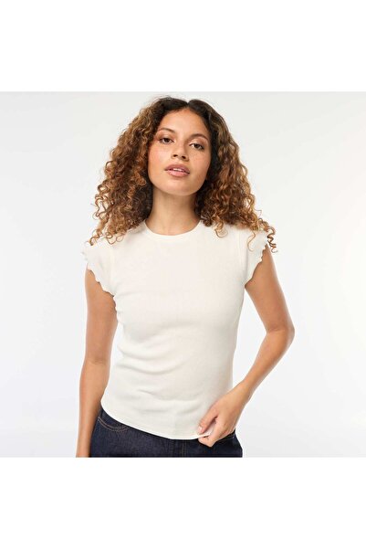 KIABI Ribbed T-shirt with flounced sleeves WHITE