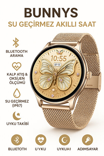 Bunnys iPhone 15 Pro Uyumlu Şık Kadın Akıllı Saat – Su Geçirmez, Yuvarlak Çelik Kasa, Metal Kordon