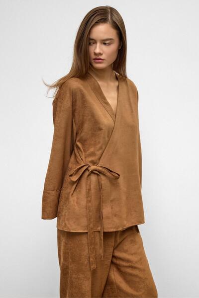 Olcay Front-Tied Suede-Like Kimono Double Set Kamel 9366-Tk