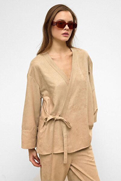 Olcay Tie-Front Suede Look Kimono Double Set Stone 9366-Tk