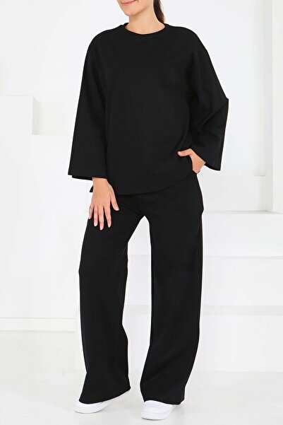 TOFİSA Σετ αθλητικής φόρμας με φαρδιά πόδια με δύο κλωστές Μαύρο - 27717-ΜΑΥΡΟ