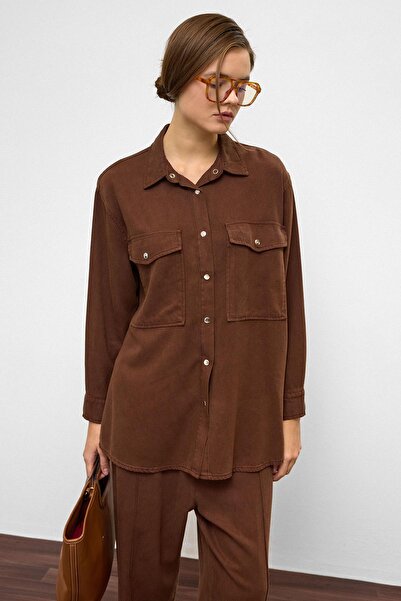 Olcay Snap Closure Casual Soft Denim Two-Piece Set Brown 9378-Tk