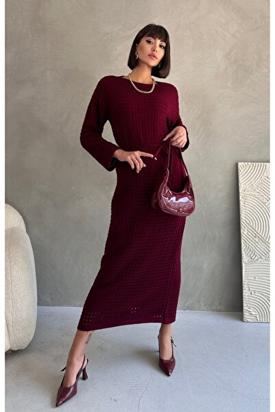 TOFİSA Acurlu Astarlı Bağcıklı Triko Elbise Bordo - 27711