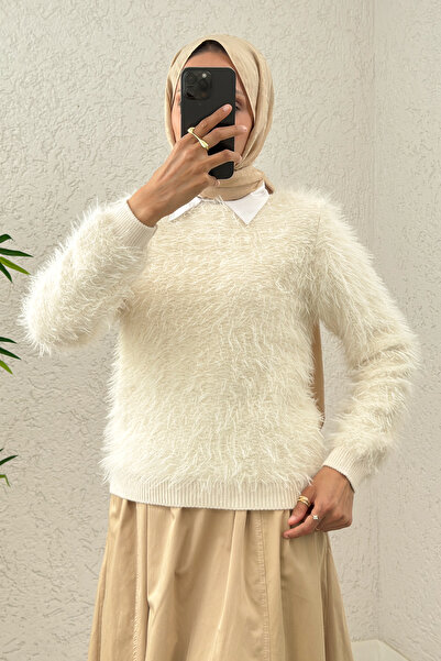 Salih Çelebi Πλεκτό πουλόβερ με λαιμόκοψη και γένια 07359 - EKRU