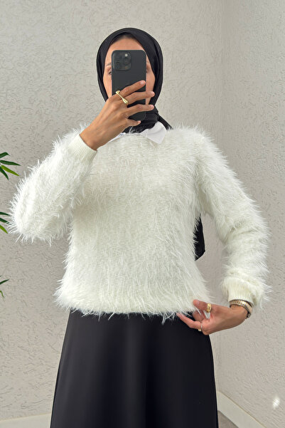 Salih Çelebi سترة تريكو بياقة قارب وذات شعر 07359 - كريمي