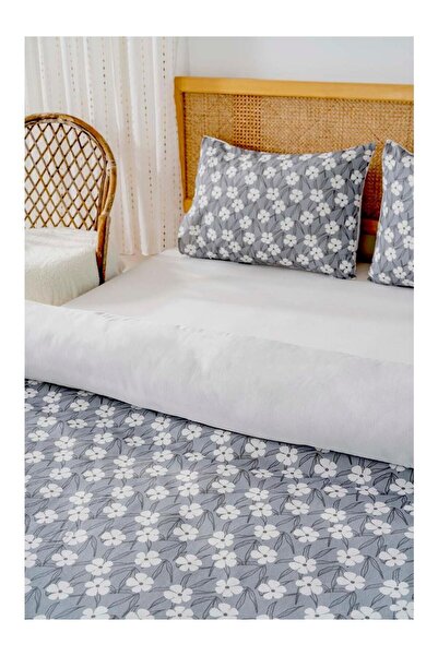 Zethome Gray Double Duvet Cover Set Cotton Floral Pattern Henna 200X215 cm