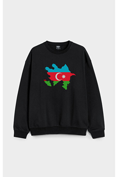 MODA سويت شيرت أسود كبير الحجم مطبوع عليه علم أذربيجان بدون قلنسوة من القطن