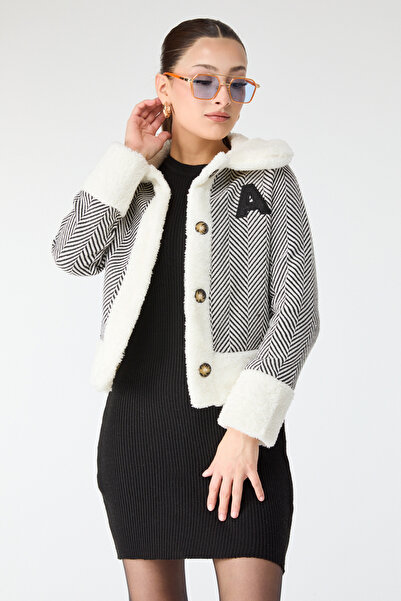 TOFİSA Printed Plush Jacket White - 27763-White