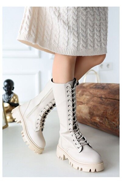 FRESCO SCARFS Fresco Scafrs Beige Leather Lace-Up Boots 256023