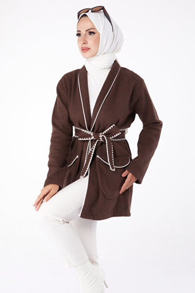 TOFİSA معطف نسائي بني سادة متوسط الحجم مع تفاصيل الأنابيب المتوسطة - 13283