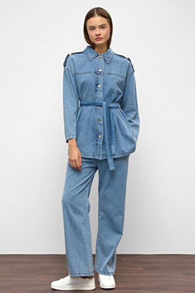Olcay Epaulette Detailed Tunic Trousers Denim Suit Blue 9381-Tk