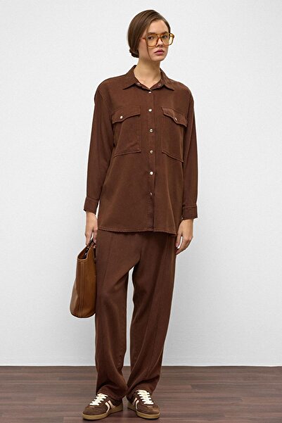 Olcay Snap Closure Casual Soft Denim Two-Piece Set Brown 9378-Tk