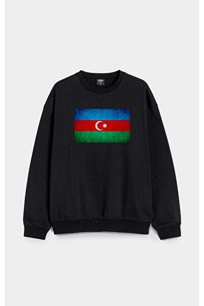 MODA سويت شيرت أسود كبير الحجم مطبوع عليه علم أذربيجان بدون قلنسوة من القطن