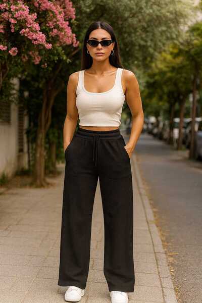 ECK MODA بنطلون رياضي نسائي من قماش الليكرا المرن بالكامل، موديل بالازو برباط...