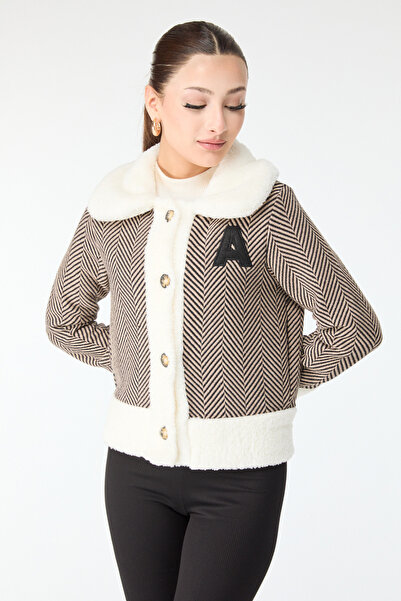 TOFİSA Printed Plush Jacket Mink - 27763-Vizon