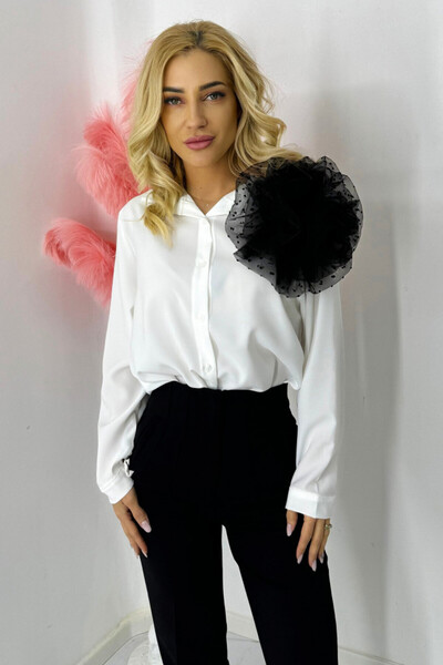 FashionForYou Camasa office Alizee, cu accesoriu floral imprimat, din organza, AlbNegru