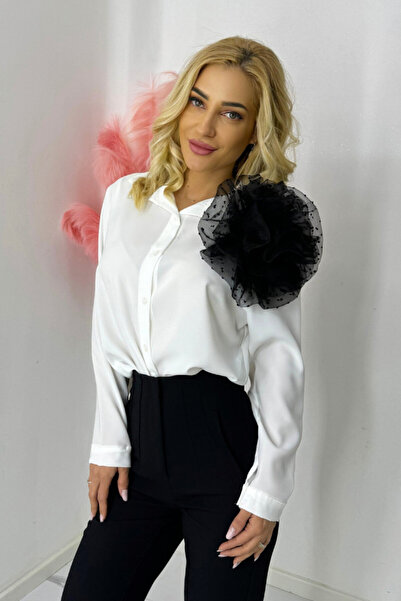 FashionForYou Camasa office Alizee, cu accesoriu floral imprimat, din organza, AlbNegru