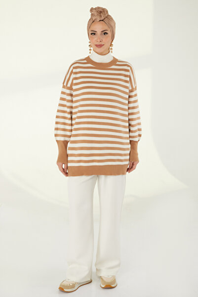 TOFİSA Striped Knitwear Sweater Mink - 27753-Vizon