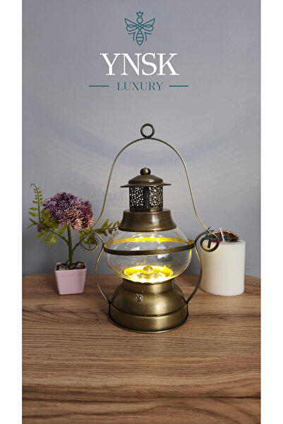 YNSK Retro Tasarım LED Işıklı Dekoratif Fener | Pilli Çalışan Metal ve Cam Ma...