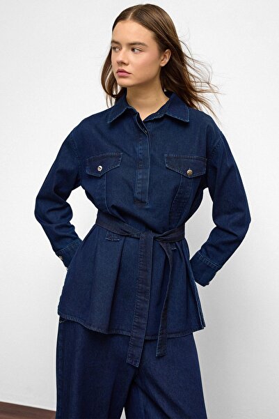 Olcay Παντελόνι με φαρδύ πόδι Τζιν Σετ δύο τεμαχίων ΣΚΟΥΡΟ ΜΠΛΕ 9379-TK