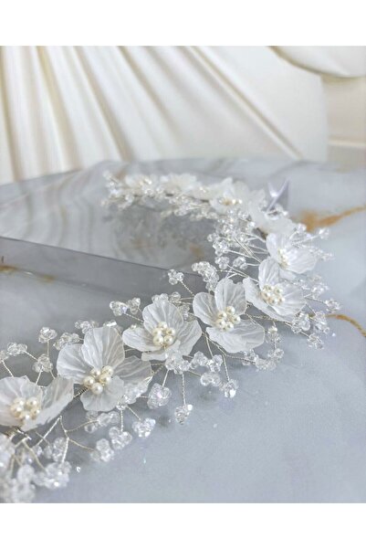 Gold Moda Wedding Gelin Tacı| Gelin Saç Aksesuarı | Düz Kenarlı Çiçekli Krist...