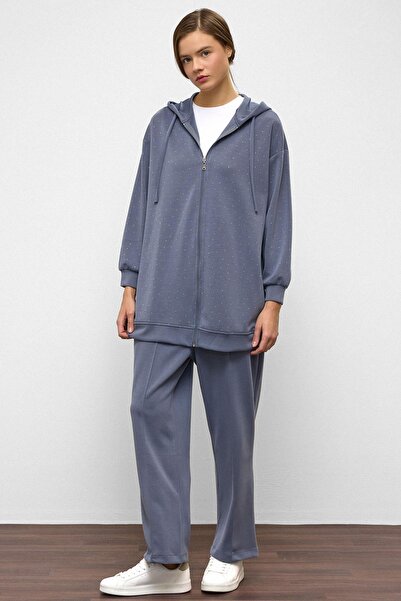 Olcay Hooded Zippered Stone Textured Premium Fabric Sweat Pants Set Blue 9371-Tk