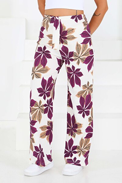 TOFİSA Patterned Elastic Waist Wrinkled Trousers Purple - 27680