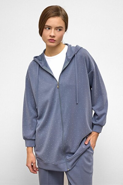 Olcay Hooded Zippered Stone Textured Premium Fabric Sweat Pants Set Blue 9371-Tk