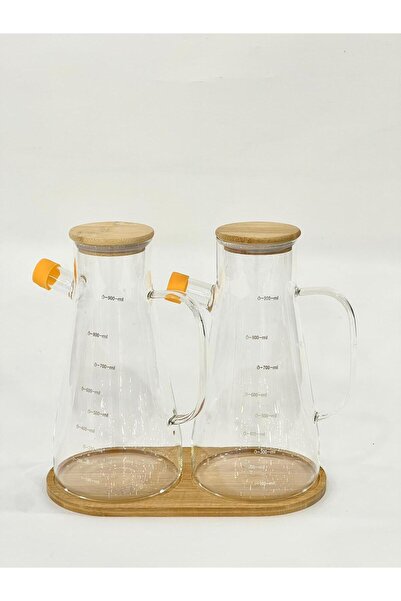 isra kristal Bambu Kapaklı 900 ml Isıya Dayanıklı Cam İkili Yağ ve Sirke Şişe...