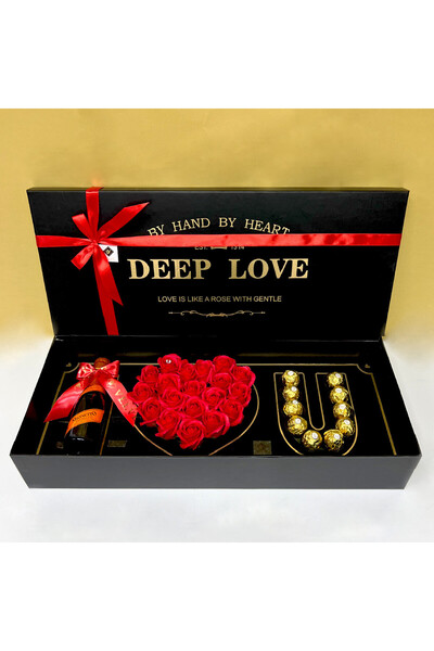 velve Pachet cadou I Love you,19 trandafiri de sapun, Proseco Mionetto,praline Ferrero Rocher,Negru-Rosu