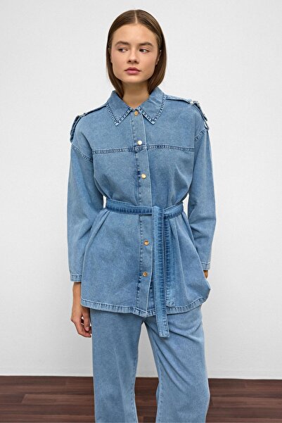 Olcay Epaulette Detailed Tunic Trousers Denim Suit Blue 9381-Tk