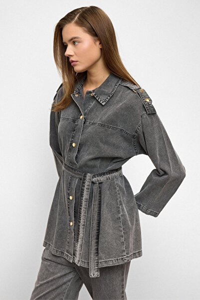 Olcay Tunic Pants Denim Suit with Epaulet Detail Anthracite 9381-Tk