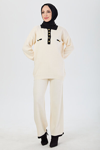 TOFİSA Button Detailed Knitwear Double Suit Cream - 27726-Krem