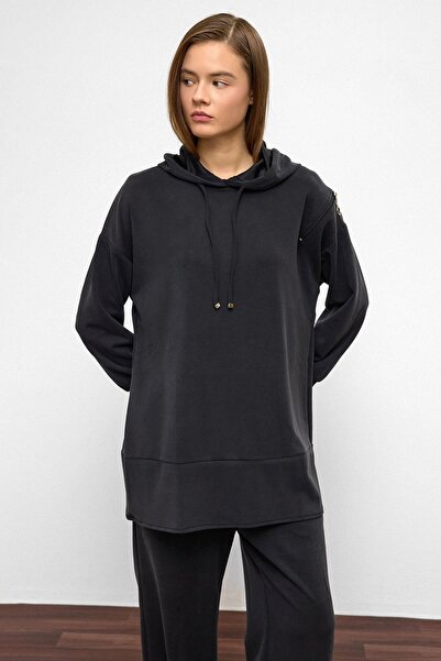 Olcay Hooded Zipper Accessory Sweat Pants Loose Modal Set Black 9382-Tk