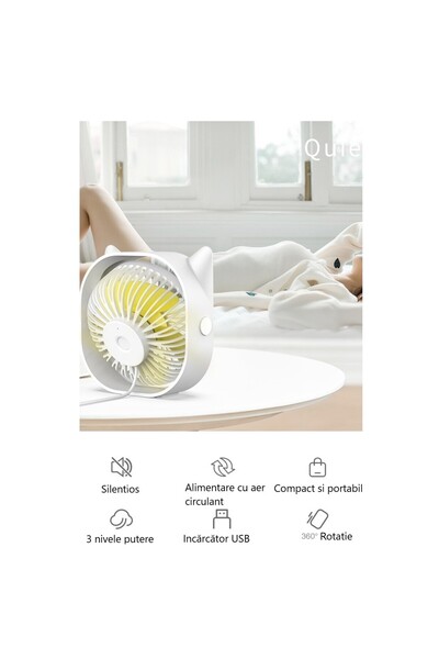 Flippy Mini USB Desk Fan - 360° Rotation, 3 Speeds, 13.5 x 12.8 cm, White