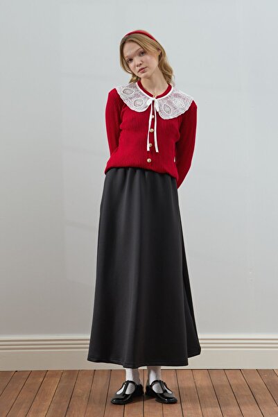 Ceylan Otantik Red White Collared Knitwear Cardigan & Black Scuba Skirt Set