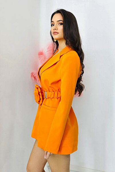 FashionForYou Rochie tip sacou Daniela, decolteu amplu si curea cu detaliu floral oversize, Portocaliu