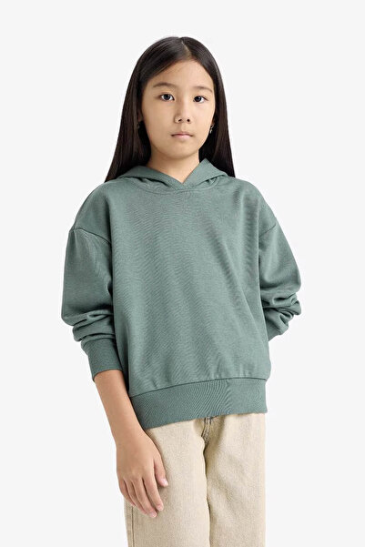 DeFacto Relax Fit Hooded Basic Plain Green Girls' Sweatshirt F0008A8/Gn470