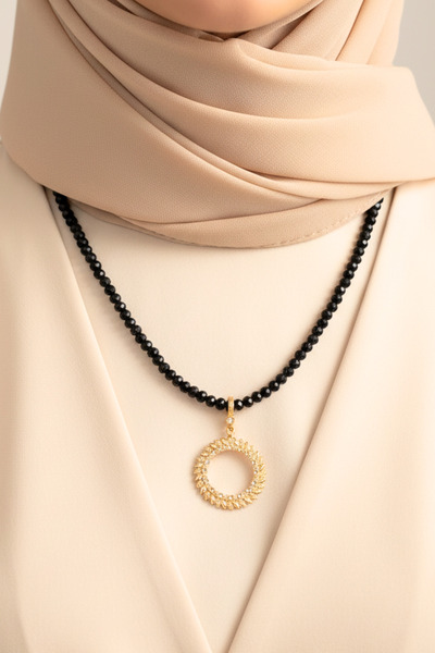 TwinsCollection Yarımlı Altın Uyumlu 6mm Siyah Boncuk Kolye - Altın Takılan K...
