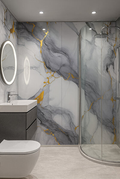 UKAB DEKOR 60x120 Cm(0,72 m²) Kendinden Yapışkanlı Mavi Gold Mermer Desenli Pvc Karo Panel Banyo Mutfak J9001