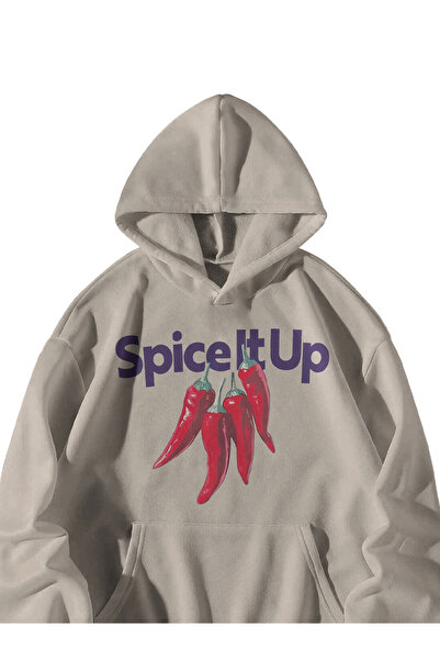 Calvin Jones Unisex Cream Spice It up Printed Oversize Kangaroo Pocket Sweatshirt Hoodie