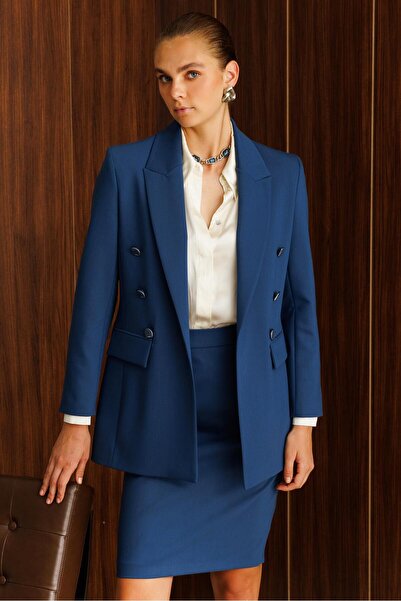 Moda İlgi Modailgi Kırlangıç Yaka Önü Açık Rahat Kesim Astarlı Ceket - 40008 Petrol Mavisi