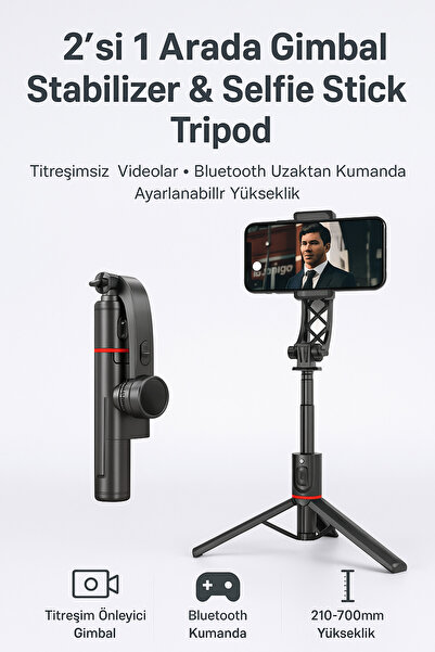 Coverzone Gimbal Selfie Stick Tripod - 2’si 1 Arada, 700mm Ayarlı, Titreşim Ö...