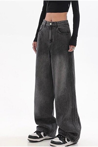 Butik Pofidi Vintage Siyah Yıkamalı Baggy Jeans Pantolon