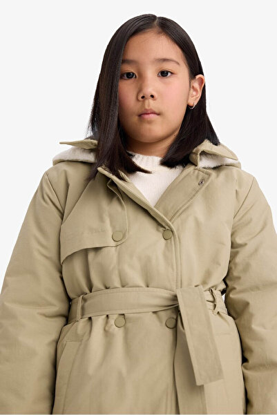 DeFacto Waterproof Waist Belted Fur Lined Long Green Girls' Raincoat & Windbreaker C5230A8/Gn7