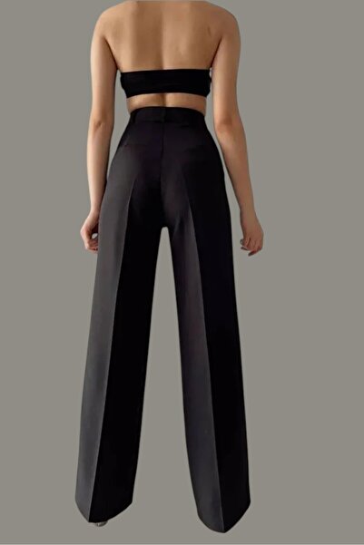 byhaziran butik Jennifer Women's High Waist Palazzo Pleated Black Fabric