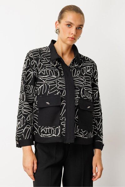 Moda İlgi Modailgi Ribana Detaylı İçlik Kaplamalı Düğme Kapamalı Kordone Ceket Siyah